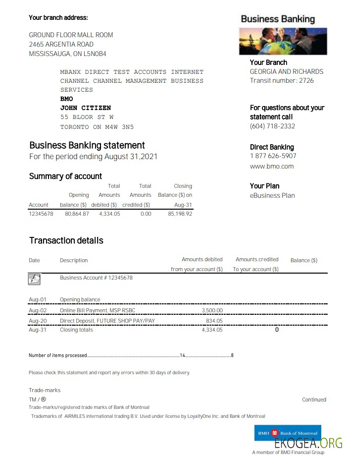 Modèle de relevé de preuve d'adresse bancaire de BMO Banque de Montréal aux formats Excel et PDF
